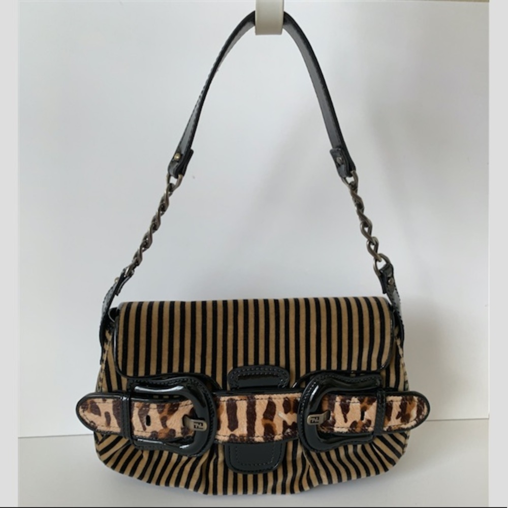 Fendi Striped/Leopard Shoulder Bag w/ Front Buckle
